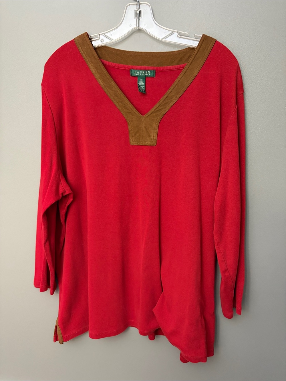 Lauren Ralph Lauren Red V-Neck Sweater with Brown Trim